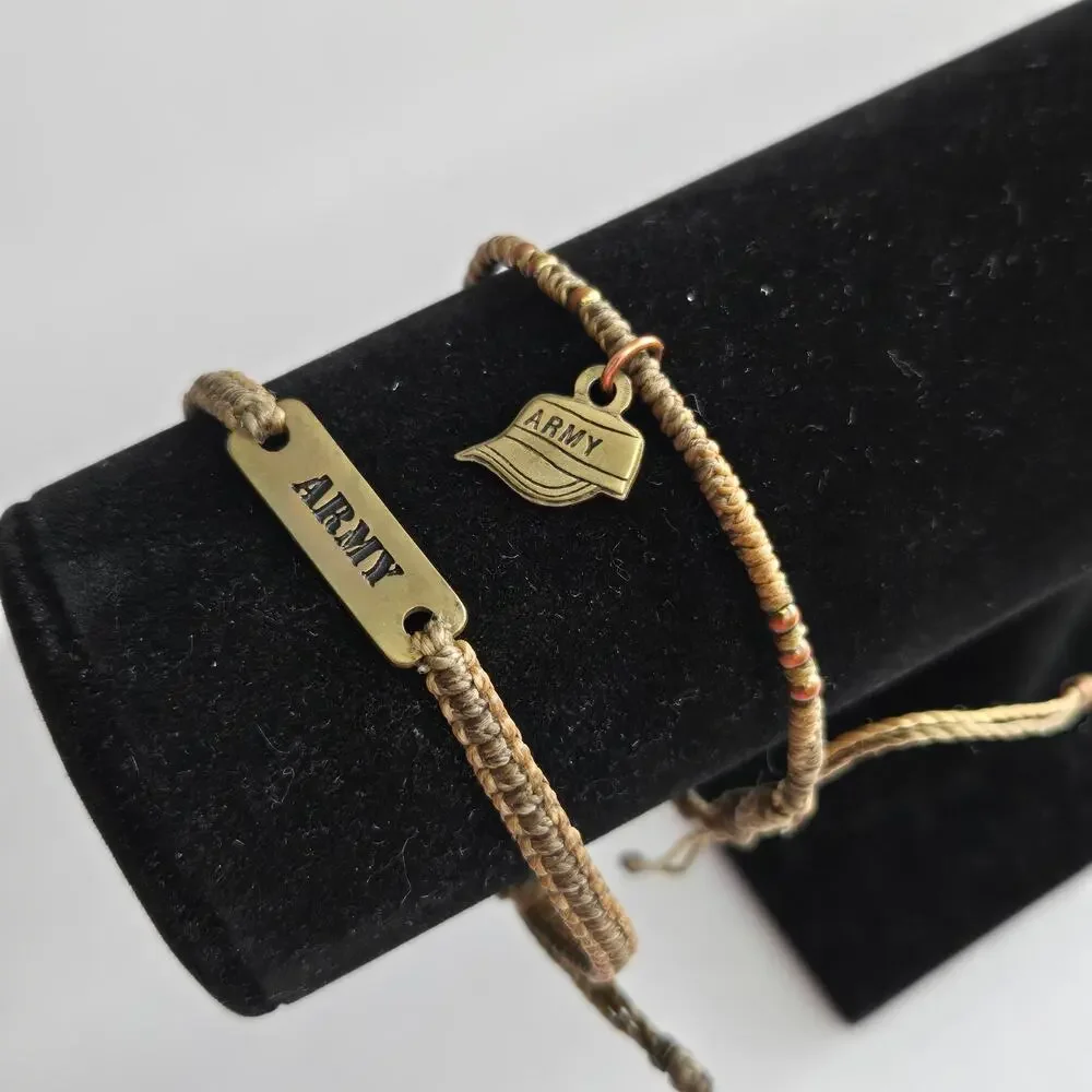 US Army Braided Woven Corded Embellished Adjustable Bracelets - Set of 2